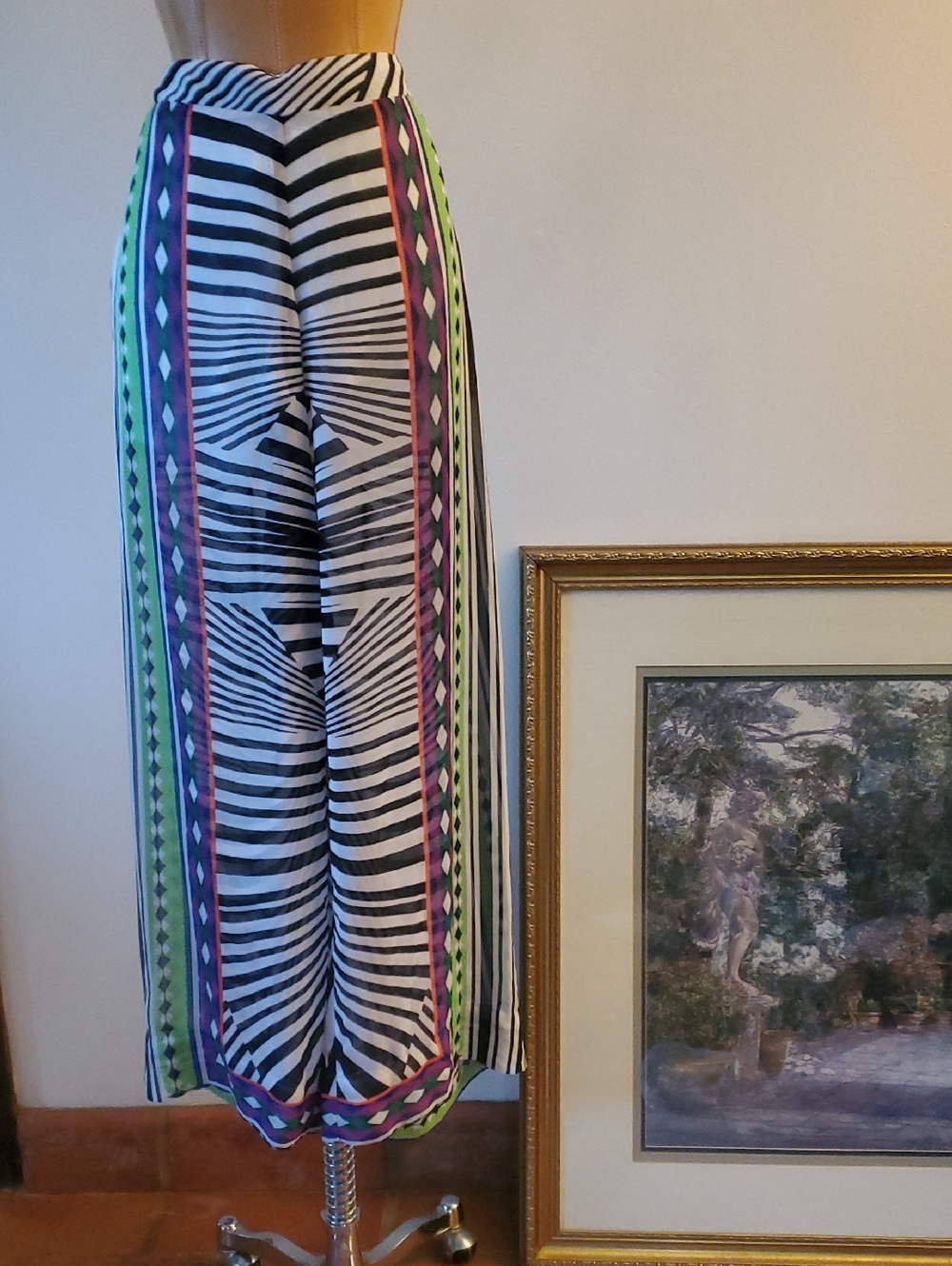 Striped Wide Leg Palazzo Pants with Neon Trim